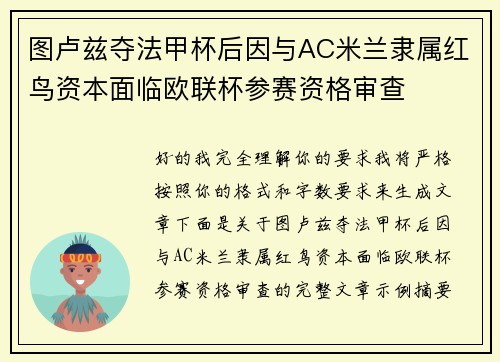 图卢兹夺法甲杯后因与AC米兰隶属红鸟资本面临欧联杯参赛资格审查