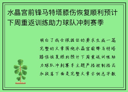 水晶宫前锋马特塔膝伤恢复顺利预计下周重返训练助力球队冲刺赛季