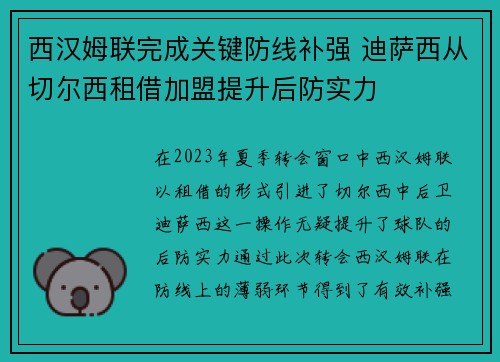 西汉姆联完成关键防线补强 迪萨西从切尔西租借加盟提升后防实力